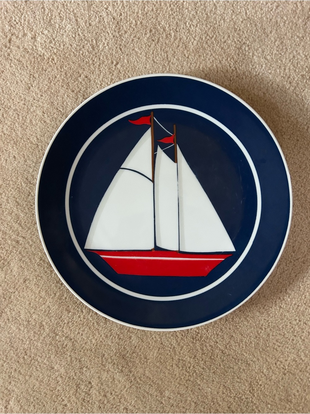 Curzan vintage Nautical Sailboat decorative Plate - Navy, White & Red
